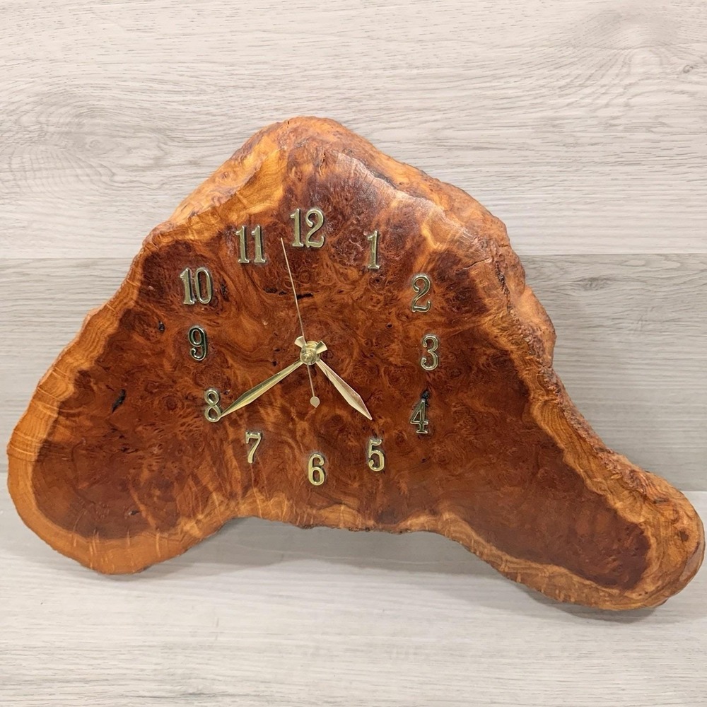 Vintage Handmade Live Edge Burl Wood Wall Clock Brass Numerals 16x10.5 MCM